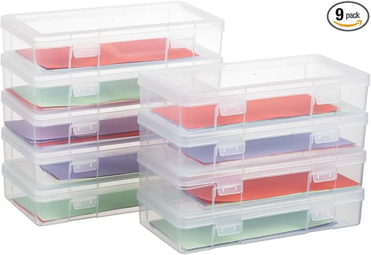 novelinks Plastic Small Storage Bins with Lids for Organizing, Mini Clear Storage Containers and Stackable Storage Box Organizer for Pencil Boxes, Task Boxes, Crayon Boxes (9 Pack Medium)