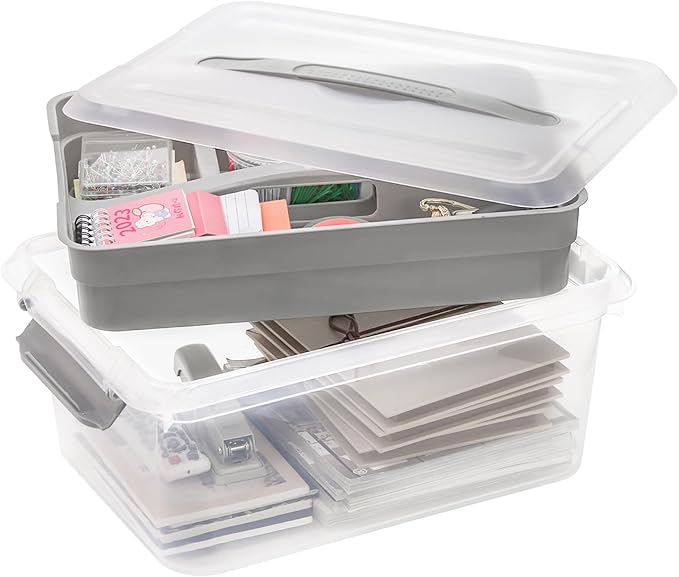Yesland Stack & Carry Box with Removable Tray, 16 x 11 x 6.5 Inch Plastic Art Supply Storage Organizer Craft Storage Containers with Handle, Portable Organizer Bin for Stationery Sewing Jewelry, Grey