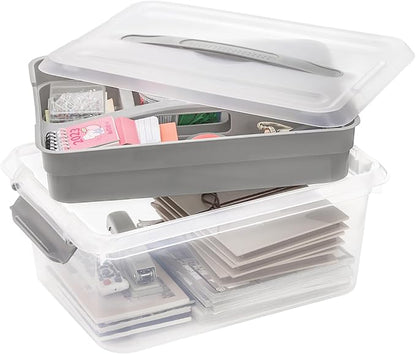 Yesland Stack & Carry Box with Removable Tray, 16 x 11 x 6.5 Inch Plastic Art Supply Storage Organizer Craft Storage Containers with Handle, Portable Organizer Bin for Stationery Sewing Jewelry, Grey
