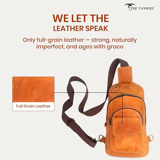 The Tannery Handmade Buffalo Leather Multipurpose Travel Hiking Crossbody Chest Backpack with Adjustable Shoulder Strap, Thanks Giving (Camel Brown, Large)
