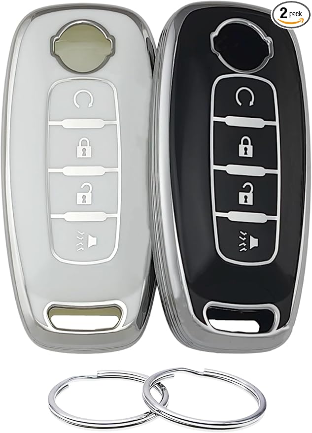REPROTECTING TPU Key Fob Cover Compatible with Nissan Pathfinder Rogue Kicks (Silver-White/Silver-Black, 4 Buttons/TPU)