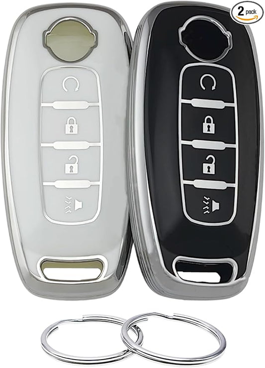 REPROTECTING TPU Key Fob Cover Compatible with Nissan Pathfinder Rogue Kicks (Silver-White/Silver-Black, 4 Buttons/TPU)