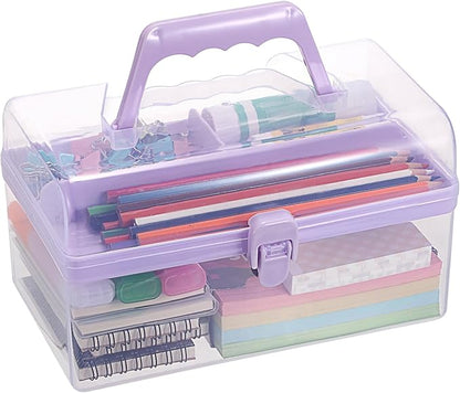 BTSKY Multipurpose Plastic Craft Storage Containers with Removable Tray, Clear Plastic Storage Box with Lid & Handle, Easy Carry & Stack Small Storage Container, 8.5x5x4.9 Inch, Rectangle-Purple