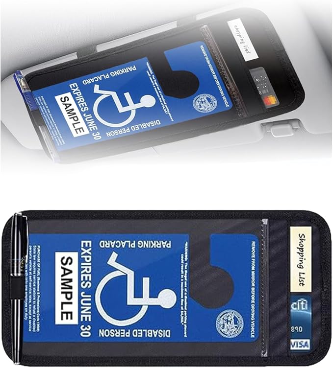 JOYCOURT Handicap Placard Holder for Car, Disabled Parking Permit Sign Protector, Car Interior Sun Visor Storage Clip with Pen Holder, Note Paper Slot, Elastic Strap