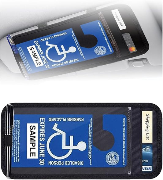 JOYCOURT Handicap Placard Holder for Car, Disabled Parking Permit Sign Protector, Car Interior Sun Visor Storage Clip with Pen Holder, Note Paper Slot, Elastic Strap