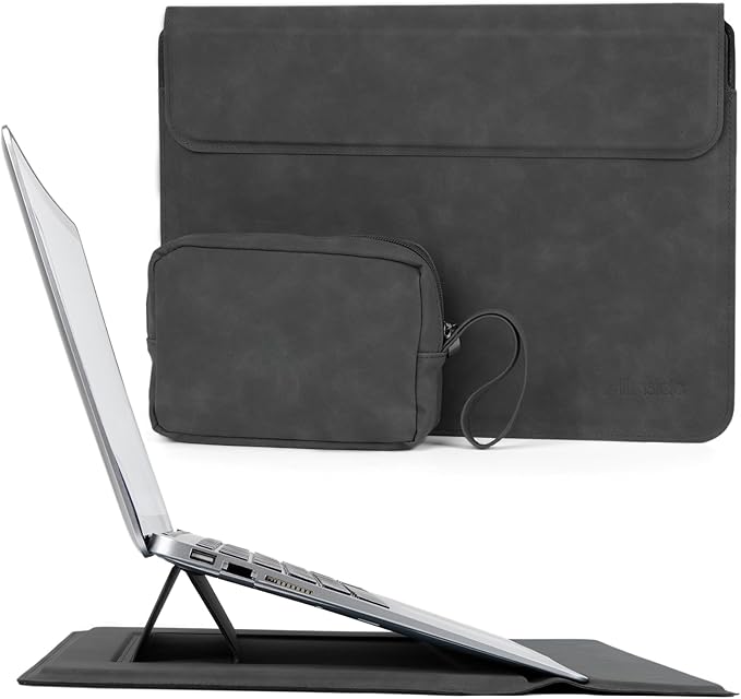 Allinside 13-14 Inch Laptop Sleeve Case for MacBook Pro 14" 2021-2026/MacBook Air 13" 2010-2017/MacBook Pro 13" 2010-2015, Waterproof Matte PU Leather Sleeve Cover with Stand & Accessory Pouch, Black