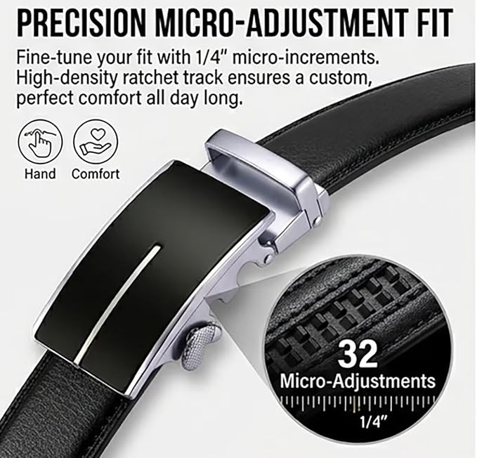 JINIU Men's Ratchet Belt Buckle, Black Genuine Leather Slide Belt for Men Dress Suit, Micro Adjustable Trim to Fit Boxed