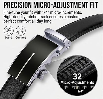 JINIU Men's Ratchet Belt Buckle, Black Genuine Leather Slide Belt for Men Dress Suit, Micro Adjustable Trim to Fit Boxed