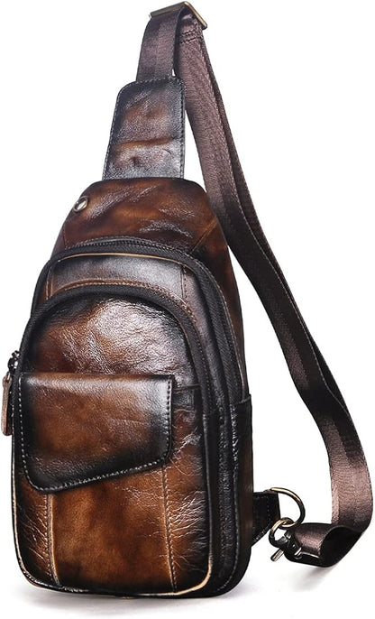 Le'aokuu Men Outdoor Casual Travel Hiking Tea Crossbody Chest Sling Bag Rig One Shoulder Strap Bag Backpack Men Leather