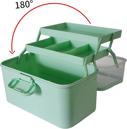 Portable Clear Medicine Box Empty, Family First Aid Dispenser/Art & Crafts Case/Folding Tool Organizer/Multipurpose Storage Container 3-Layers Storage Bin for Family Emergency (Green)