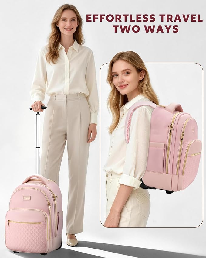 Arcoyard Small Rolling Backpack, 14.3 Inch Underseat Carry On Luggage With Wheels For Adults, Wheeled Backpack for Women, Travel Roller Bag, Pink