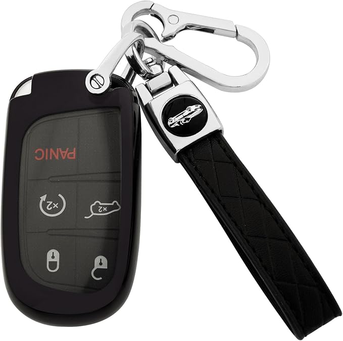 XIYANG TRADE for Jeep Key Fob Cover with Keychain,Soft TPU Key Case Shell Full Protection for Grand Cherokee Renegade Chrysler 200 300 Dodge RAM Durango Challenger Journey Dart Compass Charger(Black)