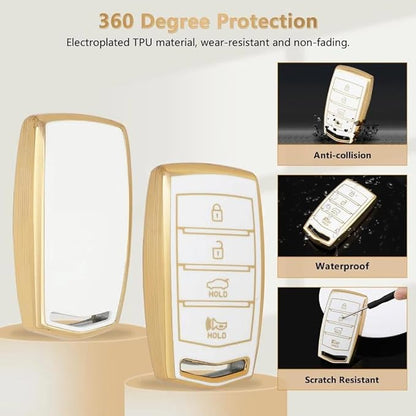 PIFOOG Key Fob Cover for Genesis G80 G90 G70 Accessories 4 Buttons Car Smart Keys Shell Case Bling Keychain Landyard Protector Protection Girly Women White Gold Cute TPU