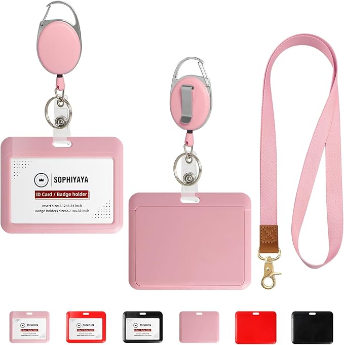 Badge Holder and Retractable Reel with Lanyard, Hard Plastic Key Card Work Badge Sleeve for Office School Factory Teacher Women Men (Pink, Horizontal)