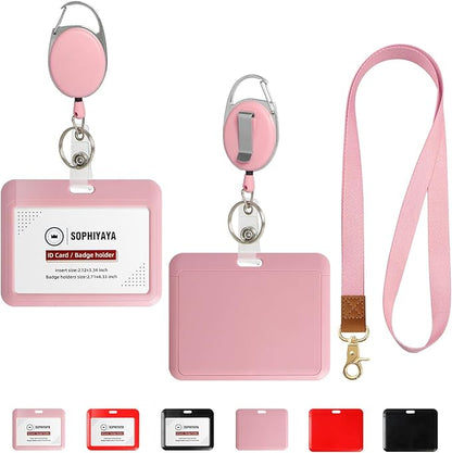 Badge Holder and Retractable Reel with Lanyard, Hard Plastic Key Card Work Badge Sleeve for Office School Factory Teacher Women Men (Pink, Horizontal)