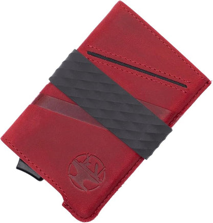 Hacksmith The Smith Wallet – Slim RFID Blocking Wallet for Men – Minimalist Front Pocket Wallet with Money Clip Band – Tactical Leather and Metal Wallets for Credit Cards & Cash (Smoke Red)