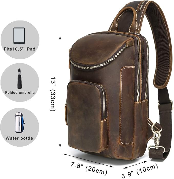 LANNSYNE Vintage Full Grain Leather Sling Bag Crossbody Chest Daypack | Vintage, Full Grain, Leather, Chest