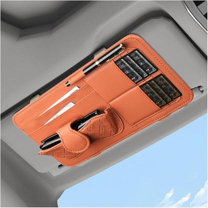 Car Sun Visor Organizer, Leather Multi Pocket Vehicle Visor Storage Pouch for Sunglasses Card License, Multifunctional Auto Interior Organization Accessories, Universal Fit (Brown)