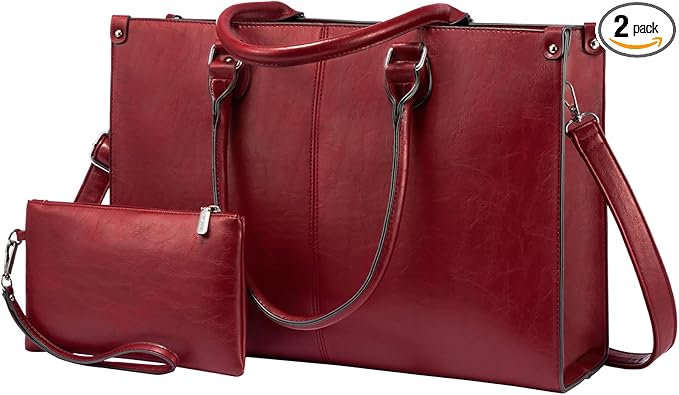 LOVEVOOK Laptop Tote Bag for Women, 15.6 Inch Large Capacity Vintage Leather Work Computer Bag, Business Casual Shoulder Handbag, Dark Red