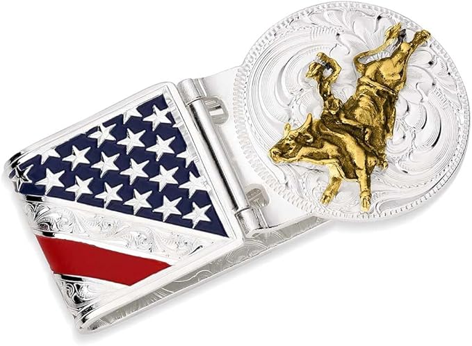Montana Silversmiths Made in the USA Western Lifestyle Money Clip (American Made Liberty Hinged w/Bull Rider)