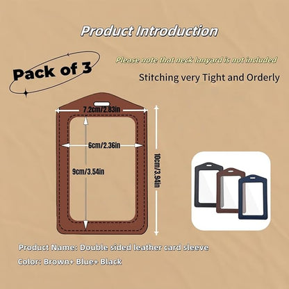 3 Pcs Genuine Leather ID Badge Holders, Vertical ID Card Holder Set, Dual-Sided Clear Window, Waterproof Name Tag Holder for Office Staff, Students, Employees (Black Brown Blue)