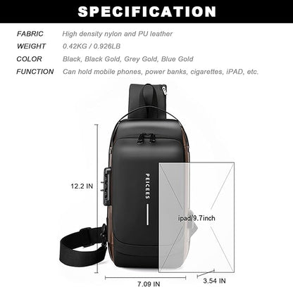Peicees Mens Crossbody Bag Man Bags Mens Purse Anti-theft Leather Sling Bag Shoulder Bag Chest Bag for Daily Use, Blue Gold