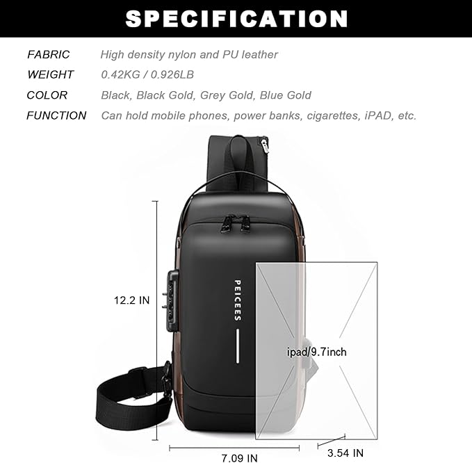 Peicees Mens Crossbody Bag Man Bags Mens Purse Anti-theft Leather Sling Bag Shoulder Bag Chest Bag for Daily Use, Black Gold