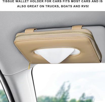 Car Tissue Holder, Sun Visor Napkin Box Premium PU Leather Tissue Case with Zipper, Rectangular Hanging Paper Organizer Mask Dispenser for Sedans SUVs Trucks, Car Accessories (Beige)
