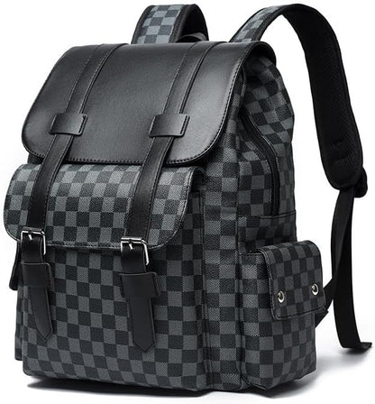 Retro men's business plaid backpack can hold a 15.6-inch laptop, women's stylish travel waterproof leather backpack. (black-16.3inch)
