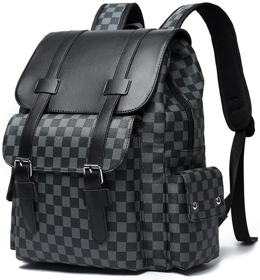 Retro men's business plaid backpack can hold a 15.6-inch laptop, women's stylish travel waterproof leather backpack. (black-16.3inch)