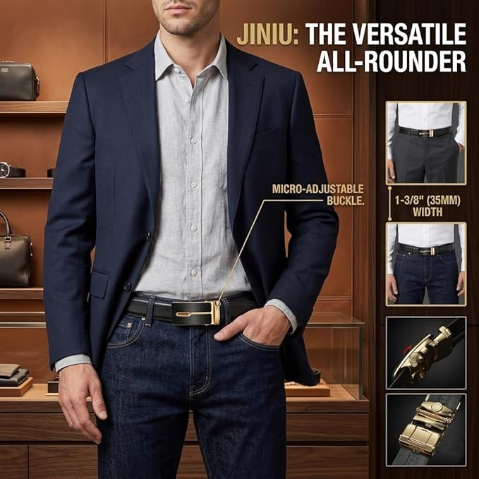 JINIU Men's Ratchet Belt Buckle, Black Genuine Leather Slide Belt for Men Dress Suit, Micro Adjustable Trim to Fit Boxed