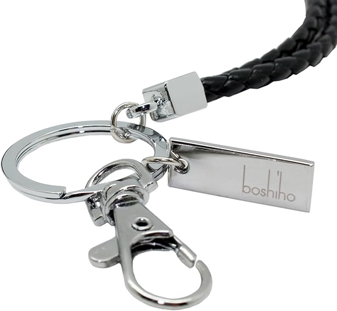Boshiho Vertical Style Leather ID Card Badge Holder with Keychain Lanyard (Black with Keychain)