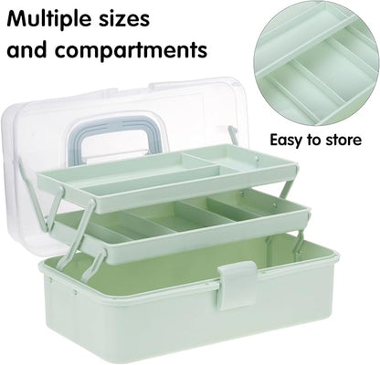 Tackle Box, Craft Organizers and Storage 3-Layer Portable Folding Toolbox, Plastic Tool Box with Handle for Sewing Supplies, Medicine, Art Supplies, Nails and Hair Accessories (Haze Green, 12.5inch)