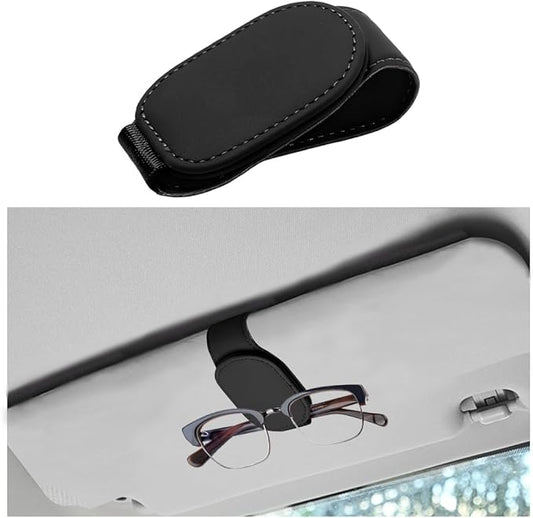 Car Sunglass Holder, Magnetic Leather Vehicle Sun Visor Eyeglass Hanger Clip, Automotive Interior Sunglass Ticket Card Organizer Mount Accessories, Universal for Most Cars (Black)