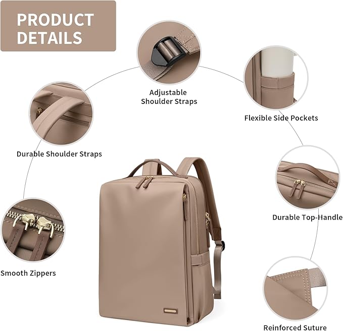 GOLF SUPAGS Stylish Laptop Backpack for Women Airline Approved Perfect for Work College and Travel Multi-Functional Casual Daypack Fits 15.6 Inch Notebook (Champagne)