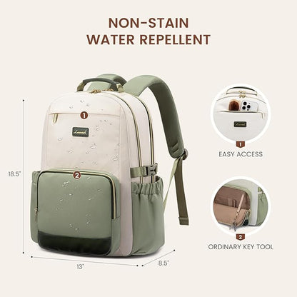 LOVEVOOK Laptop Backpack for Women with Pouch Pocket for Large Capacity Cup,17 Inch Laptop Computer Bag Travel Backpack Purse,Waterproof Work College Teacher Bags,White-Bean Green-Dark Olive Green