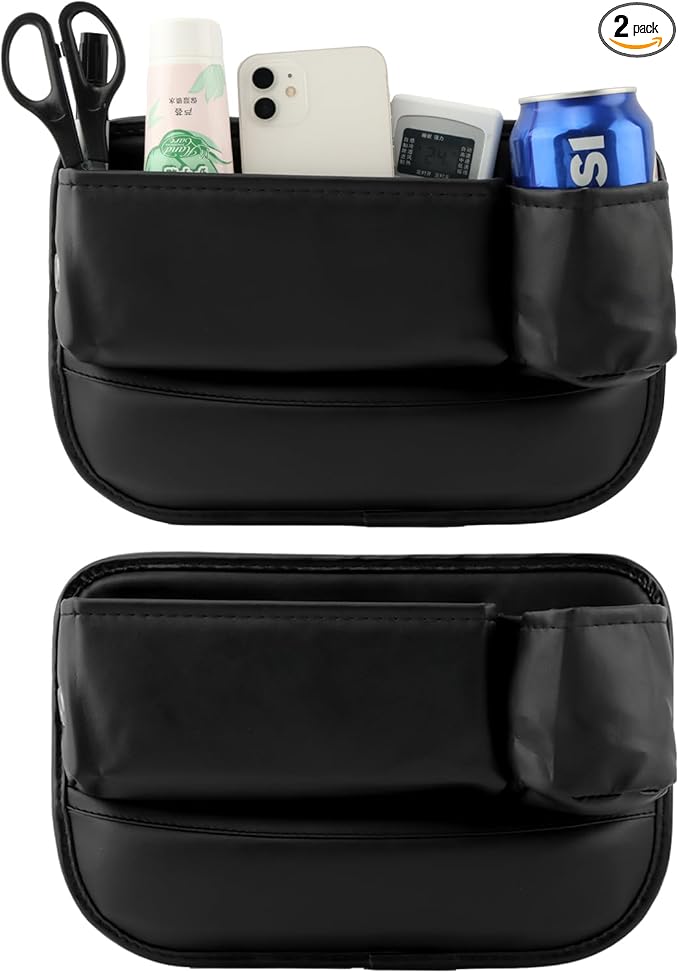 2-Pack Car Seat Gap Filler Organizer, Leather Storage Box with Cup Holder for Driver & Passenger Side, Gap Bag Front Seat Car Storage Accessories for Phone Keys Sunglasses Wallet(COLOR:Black)