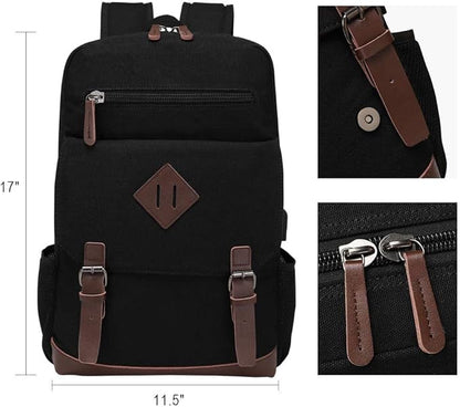 Modoker Eco-Friendly Canvas Backpack for Men Women, Vintage Rucksack Fits Most 15.6 Inch Laptop (Black, Fits up to 15.6" laptop)