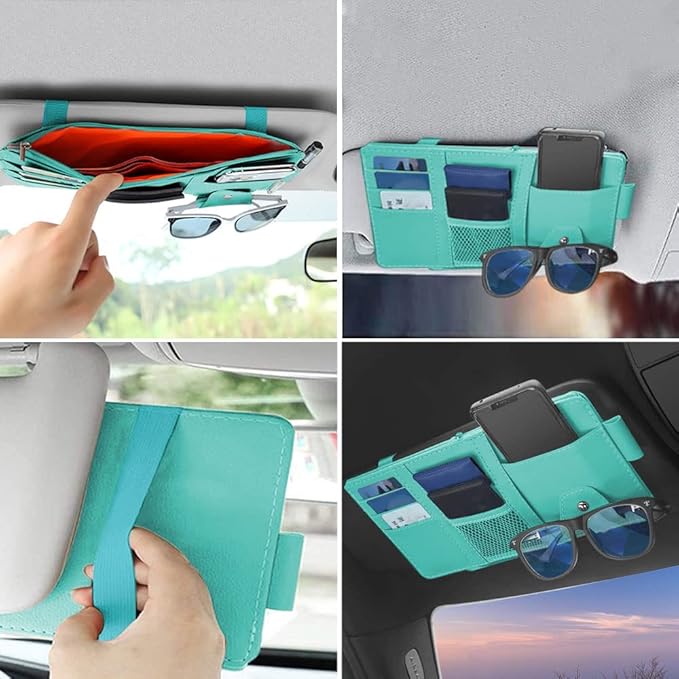 1 Pack Car Sun Visor Organizer, Sunglasses Holder for Car Sun Visor, Auto Interior Accessories Pocket Organizers Can Store for Sunglasses, Documents, Cards, Pen, Drivers License (Blue)