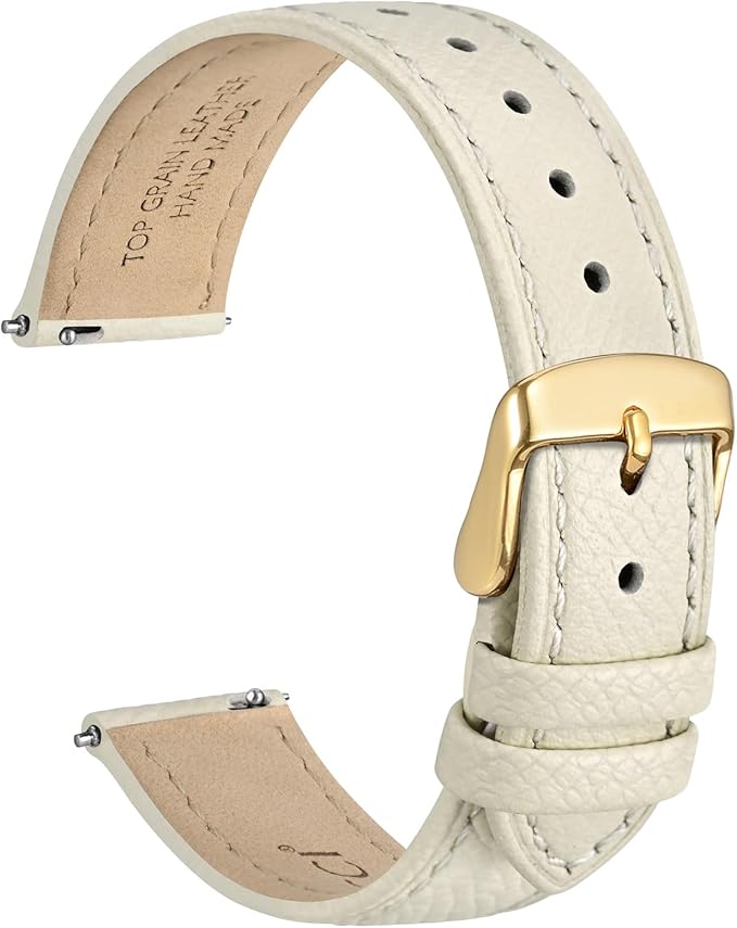WOCCI 15mm Grace Leather Watch Band for Ladies, Top Grain Leather, Quick Release Replacement Strap with Gold Buckle (Beige)