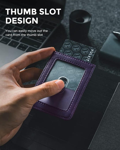 VULKIT ID Badge Holder with Lanyard for Women and Men Vertical Leather Badge Holder with Clear ID Window Card Holder Slot and Money Pocket Purple