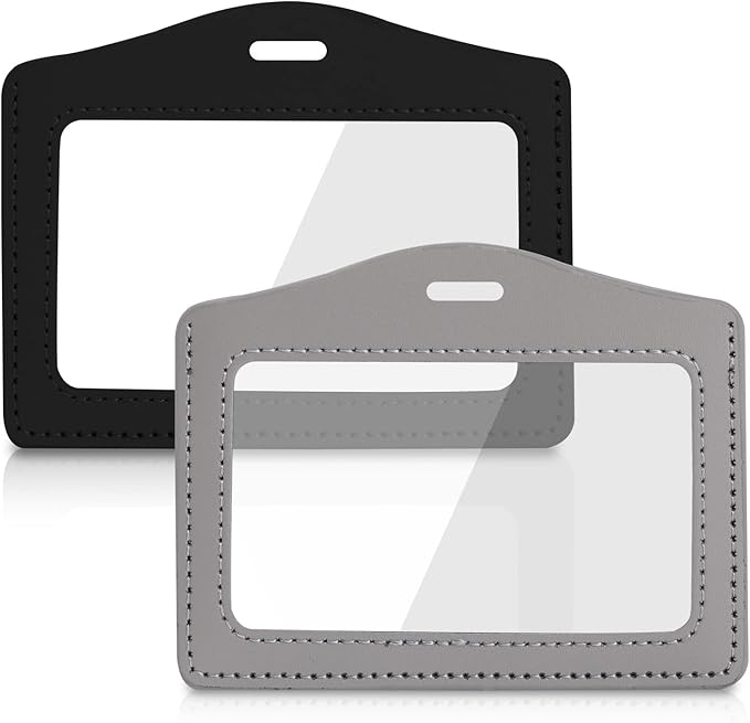 2 Pack Genuine Leather ID Badge Holders, Horizontal ID Card Holders with Dual-Side Clear Window, Waterproof Name Badge Holde Suit for Office, Staff, Students, Employees(Black&Gray)