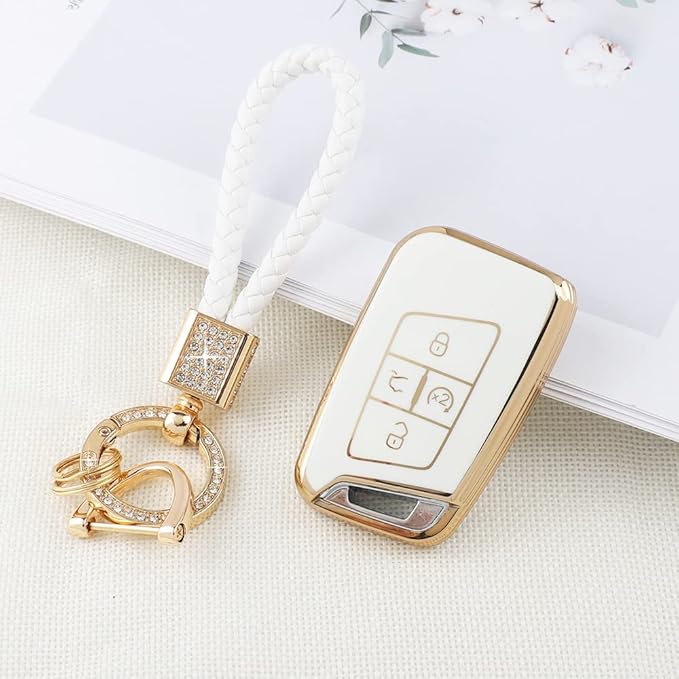 PIFOOG Key Fob Cover for VW Volkswagen White Gold Bling Keychain Tiguan Atlas Jetta Taos Arteon Car Accessories Cute TPU Smart Keys Case Shell Protector Crystal Girly Women