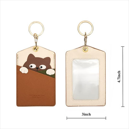 PU Leather ID Badge Holder with Keychain - Cartoon Animal Cute ID Badge Holder, 3 Card Slots for Professionals, Students, Nurse Officer, School Women Girls Boys (Brown)