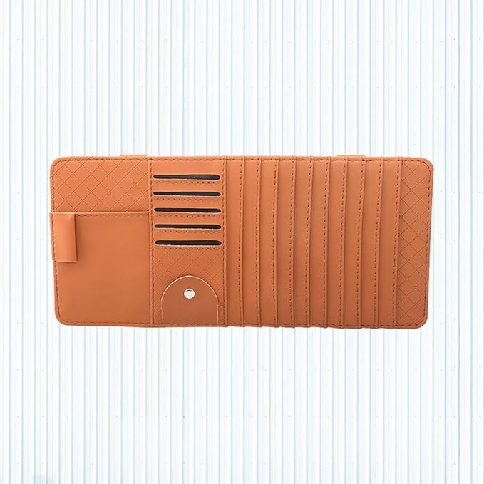 Multi-Functional Sun Visor Organizer Bag for Car Premium Leather Cd Holder with Storage for Pens Cards and Booklets Stylish Convenient and Safe Accessory Brown
