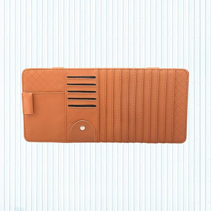 Multi-Functional Sun Visor Organizer Bag for Car Premium Leather Cd Holder with Storage for Pens Cards and Booklets Stylish Convenient and Safe Accessory Brown