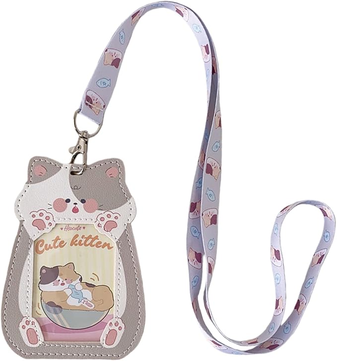 Cute Cat Badge Holder Lanyard Cartoon Kitten ID Card Holder Kawaii ID Badge Keys Lanyard Strap Neck Lanyard PU Leather Badge Holder for Women Girls Boys (Cat-2)
