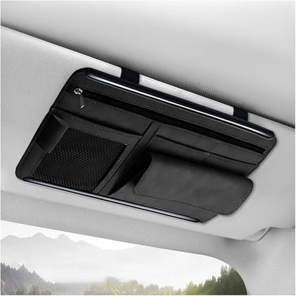 Car Sun Visor Organizer, Soft Leather Vehicle Sunshade Glasses Storage Bag with Net Zipper, Automotive Multi-Pocket Organizer for Drive License Card Glasses Document (Black)