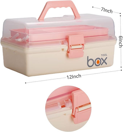 Kinsorcai 2PCS 12'' Three-Layer Clear Plastic Storage Box/Tool Box, Multipurpose Organizer and Portable Handled Storage Case for Art Craft and Cosmetic (White)