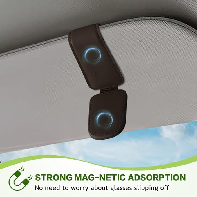 Sunglass Holder for Car, Sunglasses Clip for Car Visor, Magnetic Leather Vehicle Eyeglass Hanger Clip, Auto Ticket Card Glasses Organizer Clamp Accessories for SUV Sedan (Brown)